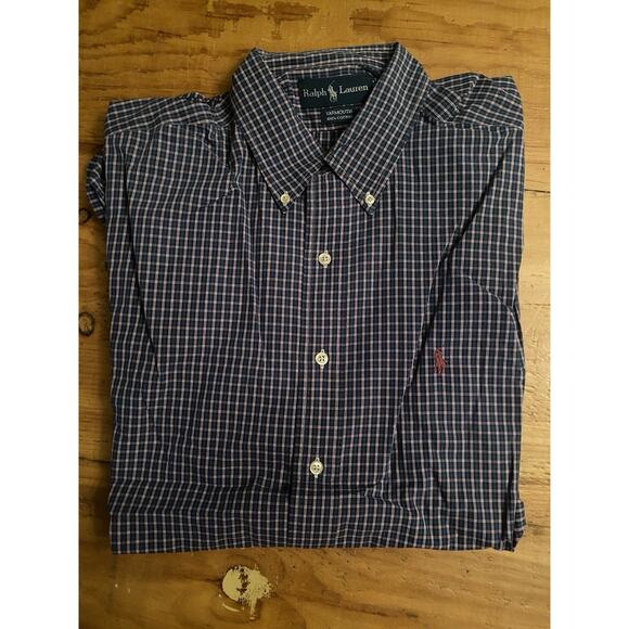Ralph Lauren Yarmouth Size 17 34/35 Blue Red Plaid Pony Long Sleeve Button Shirt - Picture 1 of 7